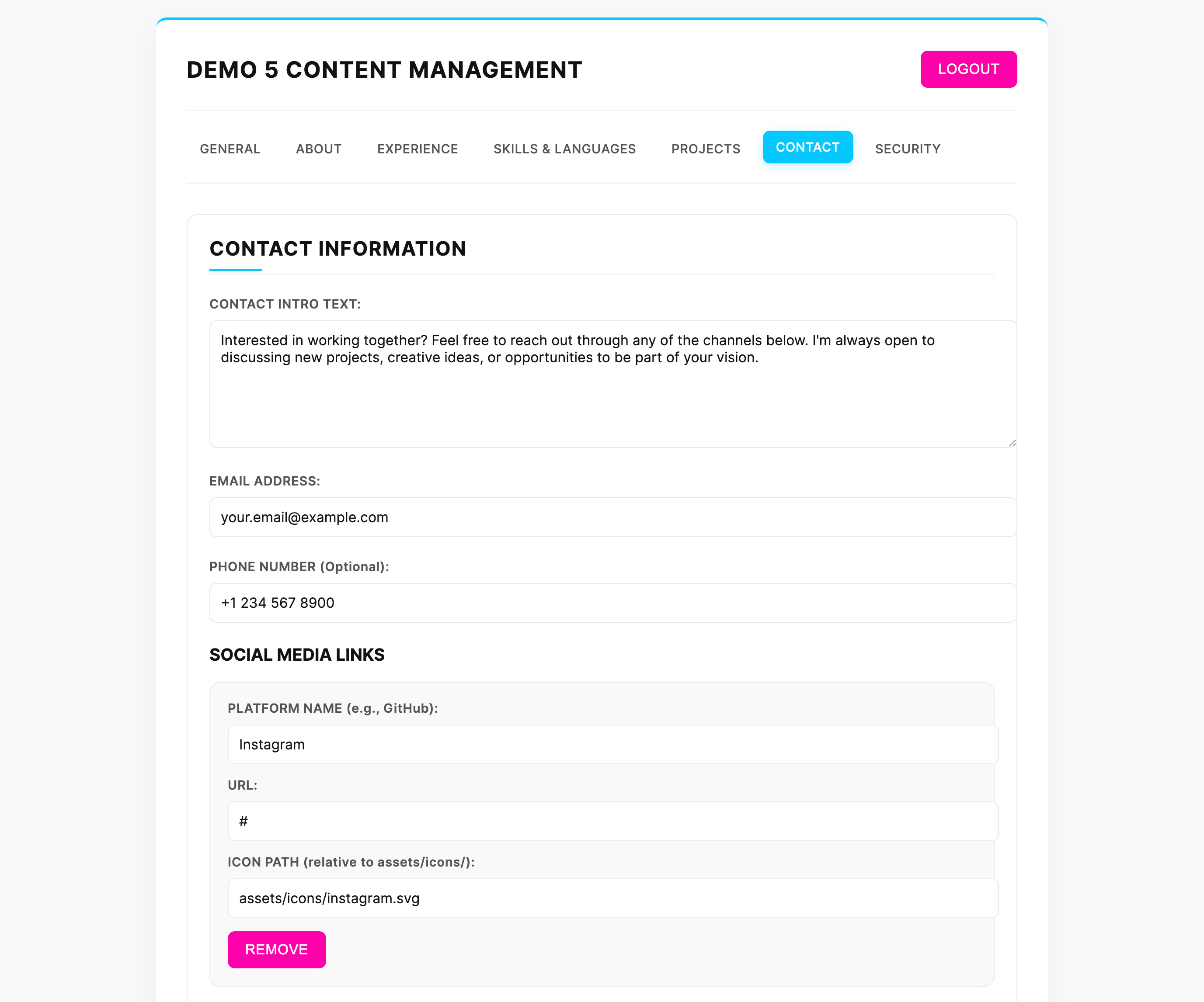 Control Panel Contact Section